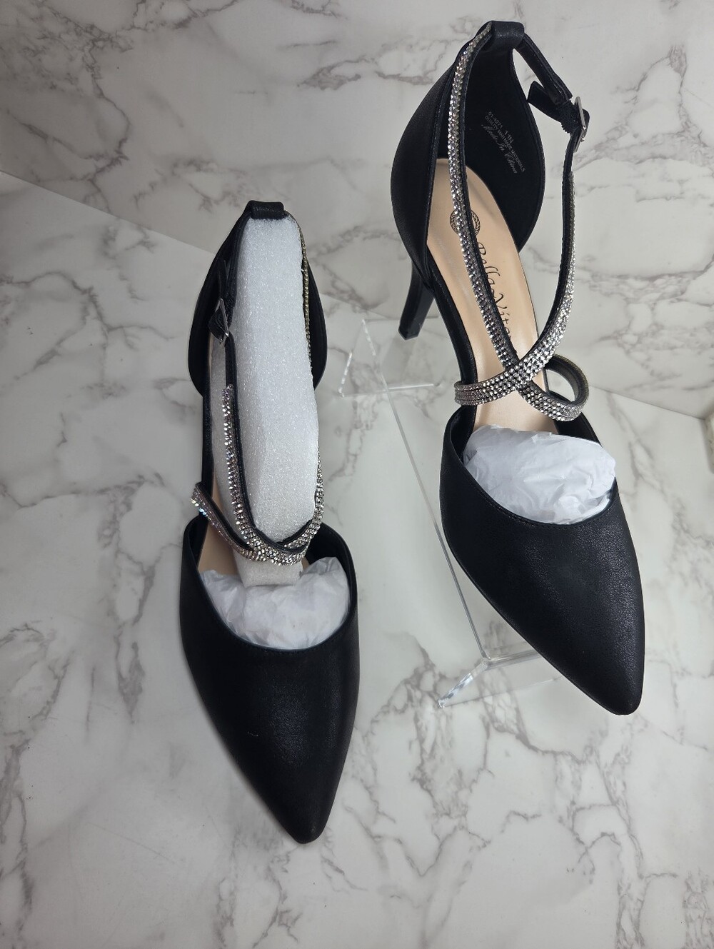 Bella Vita Black Pointed Crystal Strap Mid-Heel Pumps(B42) - Picture 2 of 8